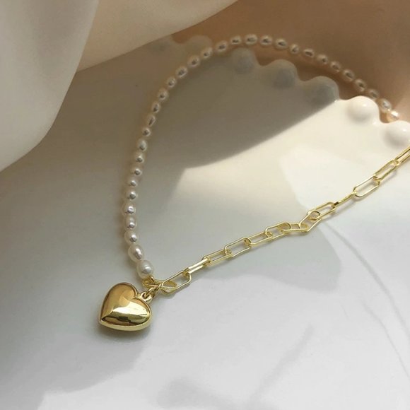 *NEW Yellow Gold Pearl Heart Link Chain Necklace - Picture 6 of 8